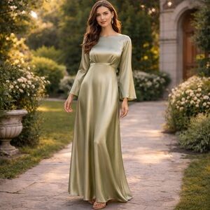 AW Bridal Metallic Green Maxi Dress Bell Sleeve Empire Waist Formal Size 8 NWT